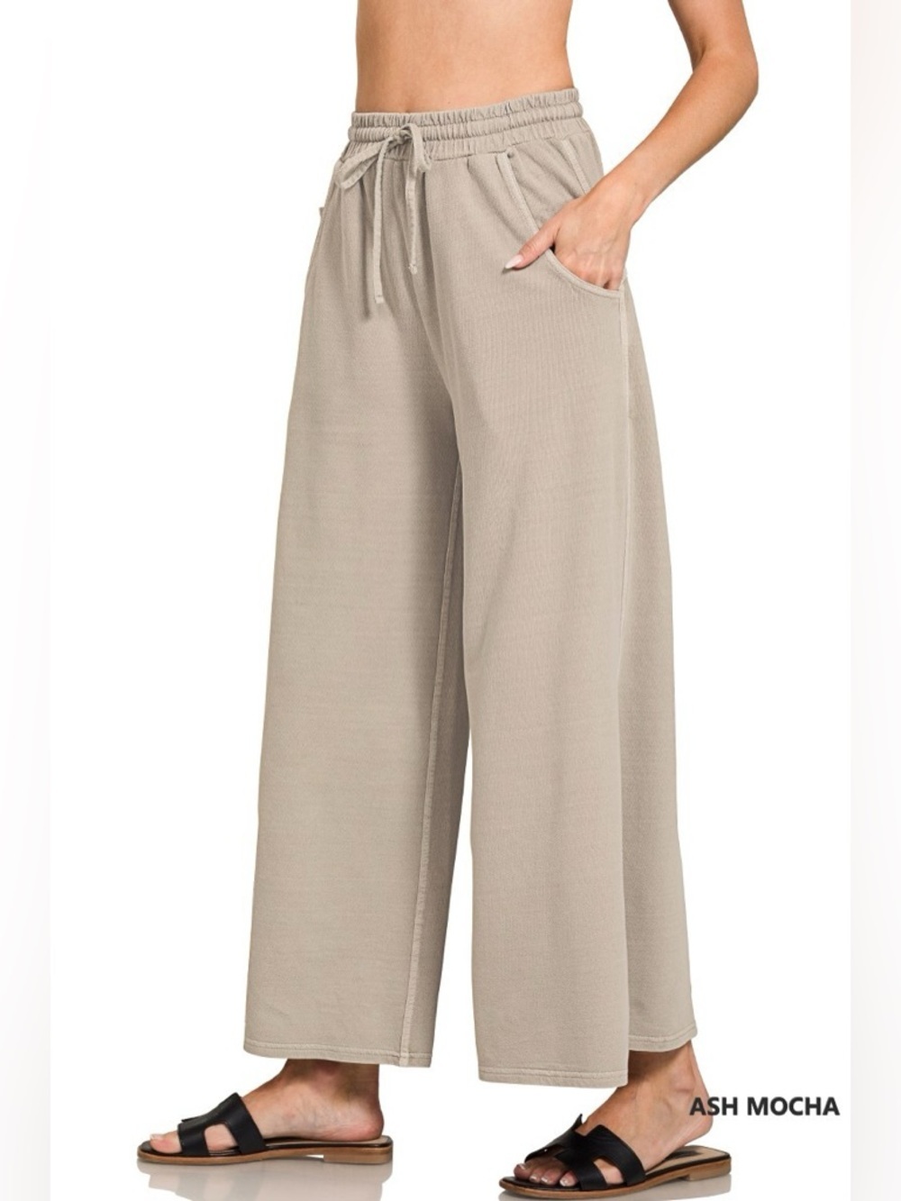 NEW Zenana Ash Mocha Acid Wash Wide Leg Sweatpants Size Large Cotton Relaxed - Picture 3 of 4